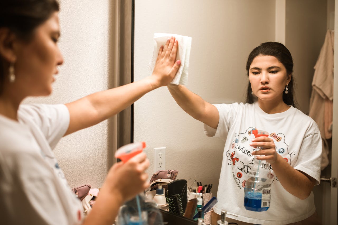 about-01 An adult woman cleaning a bathroom mirror with a spray bottle and cloth, focused on hygiene.